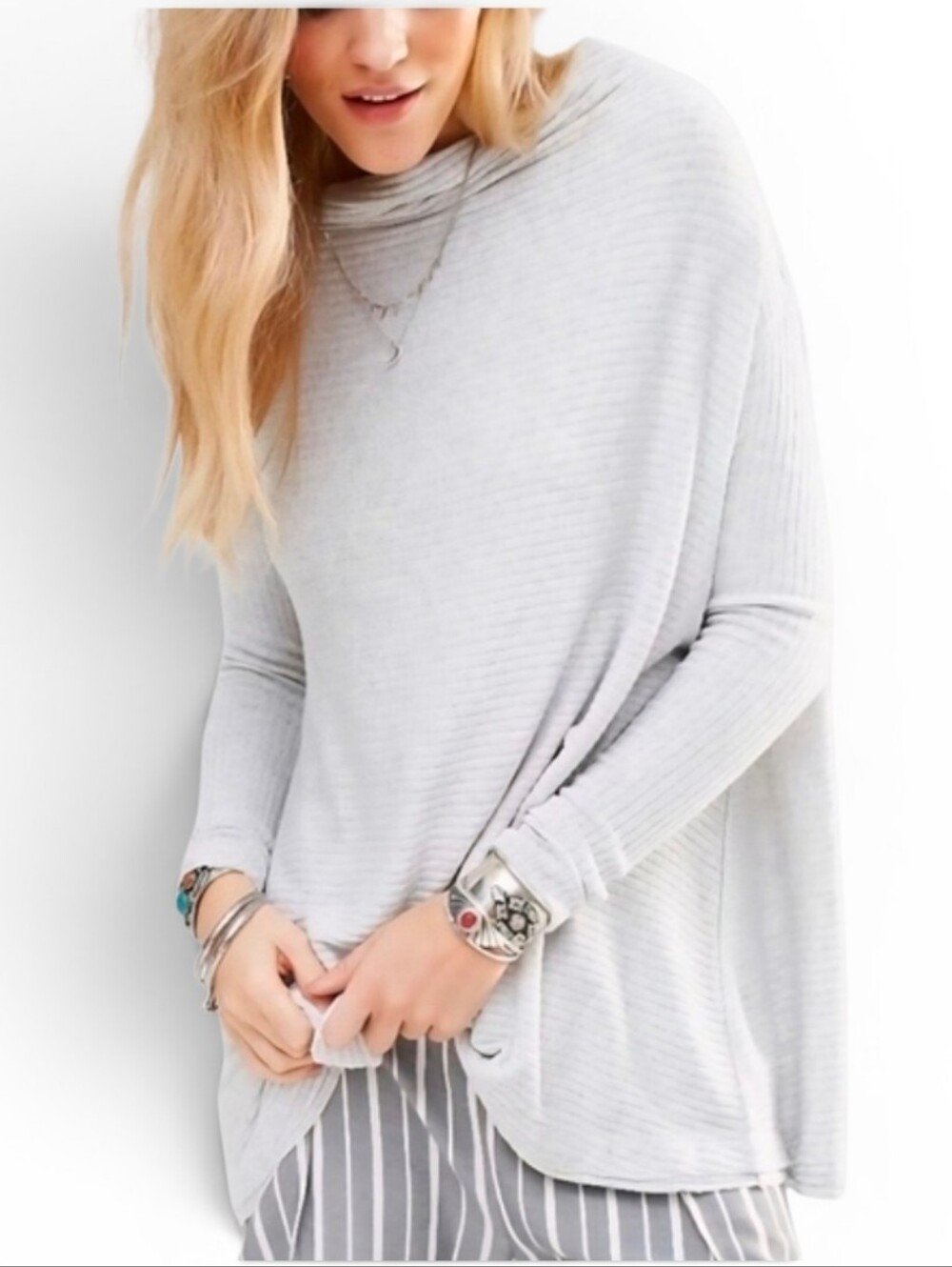 WE THE FREE Light Gray Lover Ribbed Split Back Oversized Thermal - Small